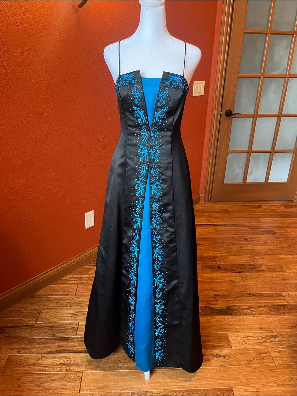 Black and Teal Embroidered Spaghetti-Strap Prom Gown